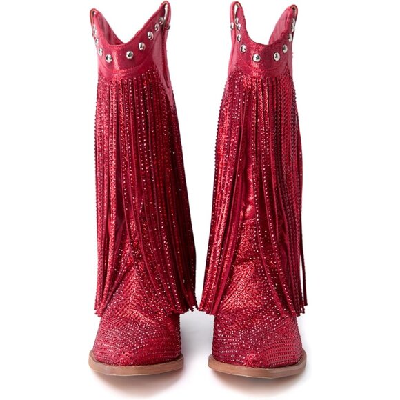 ⚡Women's Red Pointed toe Thick Heel Ankle Boots Ladies Crystal Embroider - Picture 5 of 6